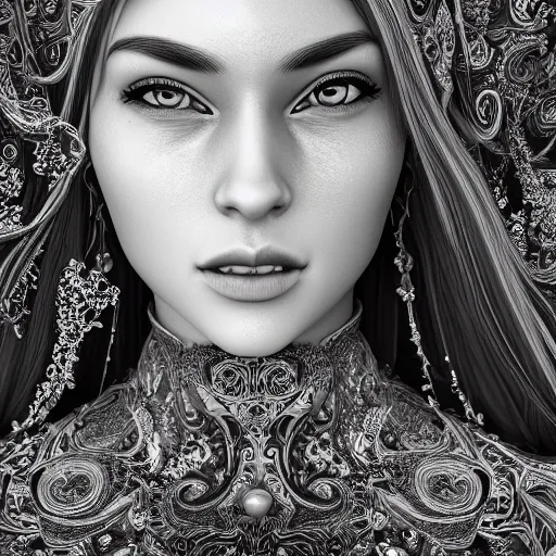 Image similar to wonderful princess, beautiful face, hyper detailed, flowing background intricate and detailed, ornate 8 k gorgeous intricate detailed, octane render,, black and white