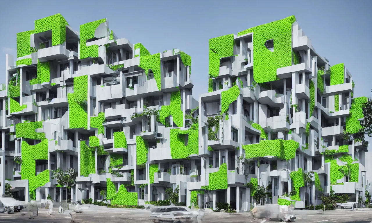 Image similar to algae concrete additive printed multifamily modern architecture in thailand city, colorful geometric exterior rain - screen cladding, architectural sculptural interior, visually satisfying architecture render in vray