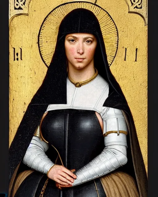 Image similar to kim kardashian as armored battle nun, delicate detailed medieval portrait in the style of eugene de blaas, perfect face