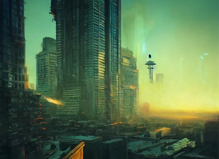 Image similar to seattle being attacked by a giant, by beeple and maciej kuciara and greg rutkowski