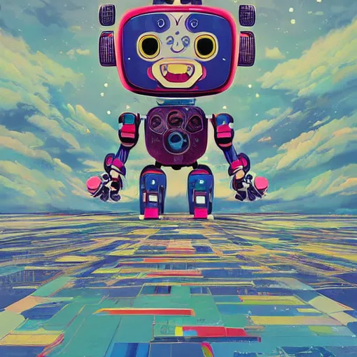 Image similar to a robot mascott by takashi murakami,, beeple and james jean, aya takano color style, 4 k, super detailed, night sky, digital art, digital painting, celestial, majestic, colorful