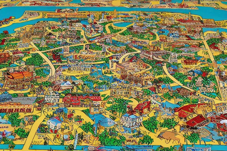 Prompt: an elaborate kids city map carpet rug, detailed, made of penned illustrations, by wes anderson and geoff darrow!!!!!