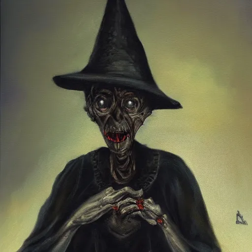 Image similar to creepy old cursed witch watching you sleep, eerie, haunted, oil painting