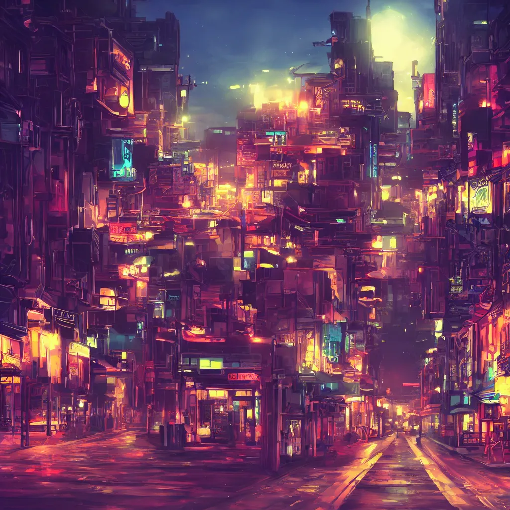 Prompt: futurisitc western street background at night, anime, painting, 4 k