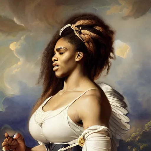 Image similar to Portrait of Serena Williams as Nike Goddess, large wings, luxuriant, dreamy, eternity, romantic, strong pose, highly detailed, in the style of Franz Xaver Winterhalter, highly detailed, in the style of Aetherpunk