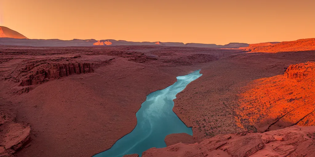 Image similar to a ground - level view of a river bend running through a canyon surrounded by desert mountains at sunset on mars, planet mars, moab, utah, a tilt shift photo by frederic church, trending on unsplash, hudson river school, photo taken with provia, national geographic photo