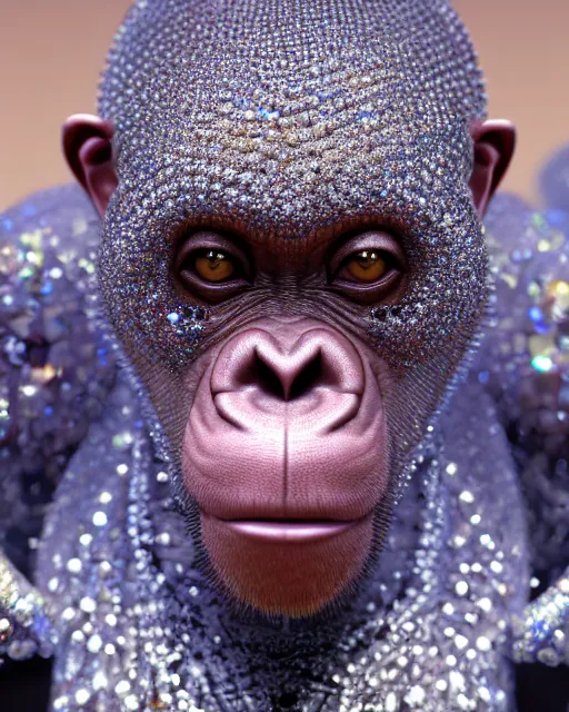 Image similar to a highly detailed metahuman 8 k close up render of a chimp renaissance in iris van herpen dress schiaparelli in diamonds crystals swarovski and jewelry iridescent in style of alphonse mucha gustav klimt trending on artstation made in unreal engine 4