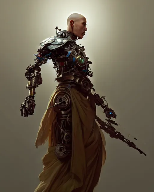 Image similar to a cyborg warrior monk wearing a flowing cloak, cyborg hardware, 3 d render, octane, zbrush, painting, artstation, concept art, smooth, sharp focus, illustration, art by artgerm and greg rutkowski and alphonse mucha