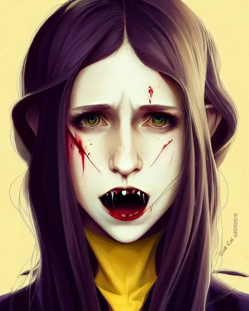 Prompt: in the style of Joshua Middleton and artgerm, beautiful evil vampire Taissa Farmiga sharp bloody vampire fangs open mouth, yellow eyes, symmetrical eyes, realistic face, symmetrical face, brown leather jacket, jeans, long black hair, full body, moody lighting