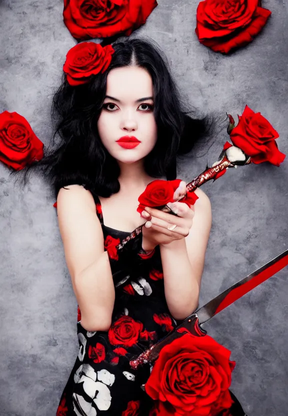 Prompt: a beautiful fierce black haired woman wearing red and black rose patterned dress wielding black blade posing heroically, heavenly moonlit clouds background, close up shot