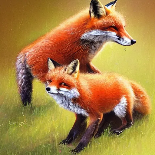 Prompt: a cute, meaningful, and profound oil painting of three foxes playing artstation james gurney