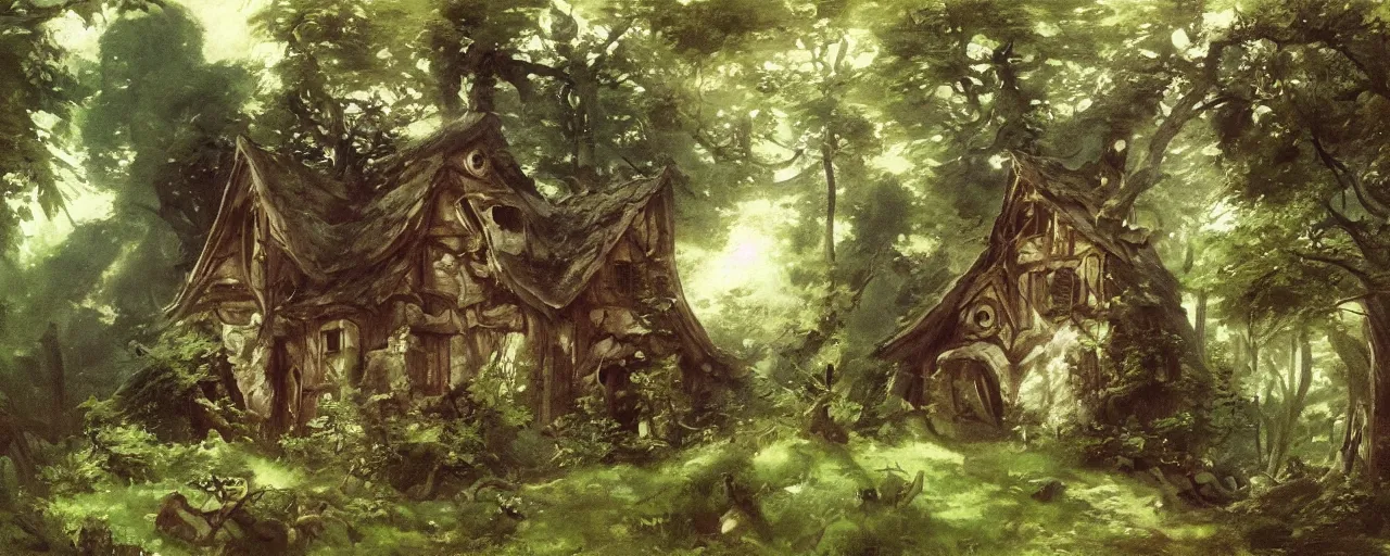 Prompt: a witches house nestled between the lush forest, trending on pixiv fanbox, painted by disney studio ghibli, eugene von guerard, ivan shishkin, john singer sargent