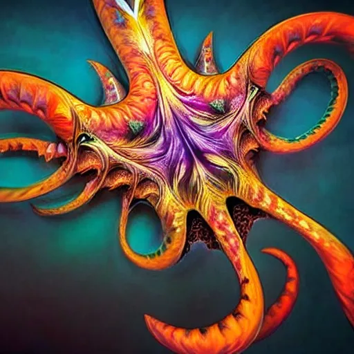 Image similar to fantasy art hyper realistic ai created interesting bizarre subconscious of flamboyant cuttlefish with fractal vignette edge fantastic art award winning best ultra detailed magnificent