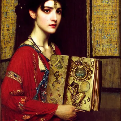 Prompt: orientalist portrait of a sad! princess holding an iridescent ancient book intricate portrait by john william waterhouse and Edwin Longsden Long and Theodore Ralli and Henryk Siemiradzki, very coherent symmetrical artwork. Cinematic, hyper realism, high detail 8k