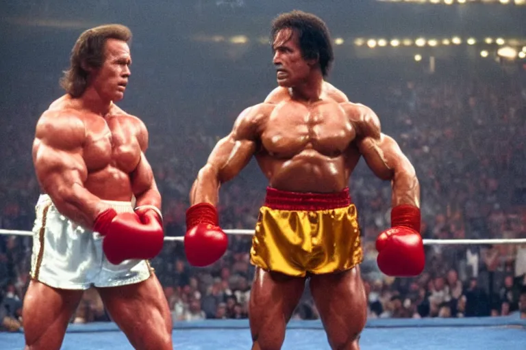 Image similar to film still of Arnold Schwarzenegger as Rocky in Rocky II, 8k,