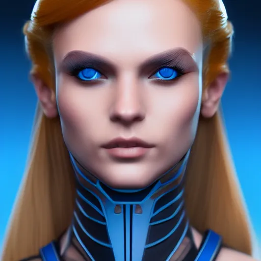 Image similar to a woman with a futuristic look and blue eyes, a character portrait by senior character artist, trending on cgsociety, digital art, artstation hd, artstation hq, polycount