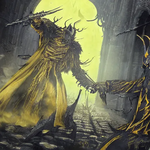 Prompt: Bloodborne hunter in yellow robes fighting a living singularity. Concept art. Detailed. Trippy.