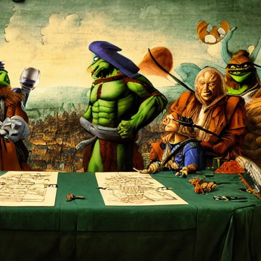 Image similar to leonardo davinci and shredder from the teenage mutant ninja turtles hosting a podcast, intricate, highly detailed, renaissance and comic book art style, 4 k, table with microphones