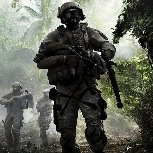 Image similar to Mercenary Special Forces soldiers in light grey uniforms with black armored vest and helmet escorting a VIP in the jungles of Tanoa, combat photography by Feng Zhu, highly detailed, excellent composition, cinematic concept art, dramatic lighting, trending on ArtStation