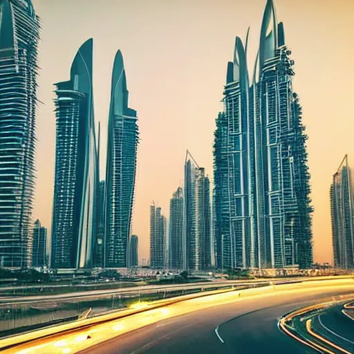 Prompt: “most advanced Dubai city dramatic lighting detailed straight lines and elegant curves beautiful sunset road network vegetation water lights birds clouds proportional symmetrical minimalism photorealistic sky render octane architecture design planning”