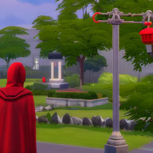 Prompt: a person wearing a red hood, ringing a brass hand bell!, sims 4 screenshot, small, cute