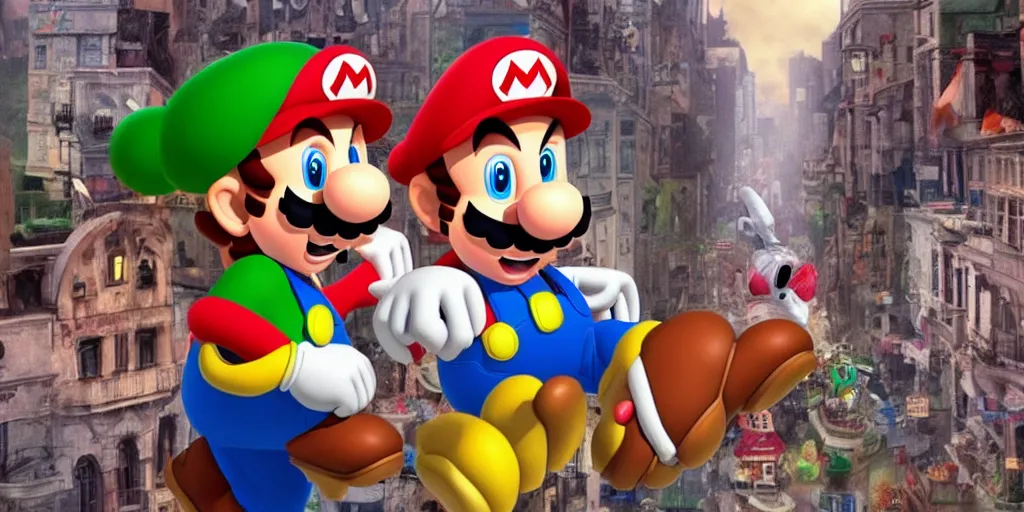 Prompt: Still of Mario Brothers movie adaptation in the style of Tim Burton cinematic, technicolor, fantasy