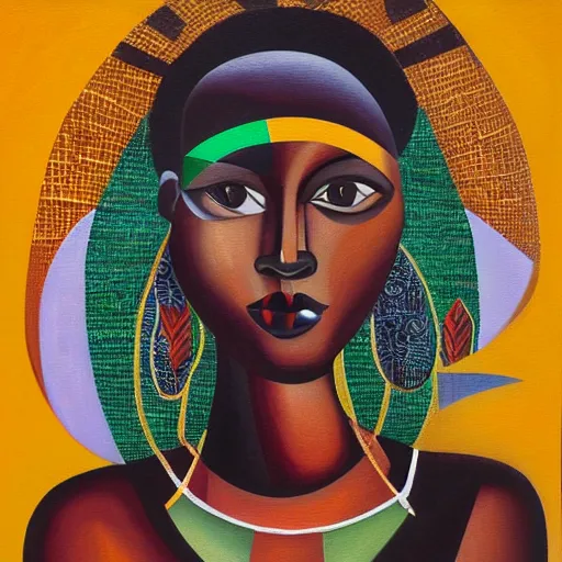 Prompt: beautiful african goddess, cubism, oil on canvas, 4 k