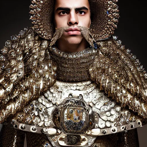 Image similar to a portrait of a beautiful young persian male wearing an alexander mcqueen armor made of quartz , photographed by andrew thomas huang, artistic