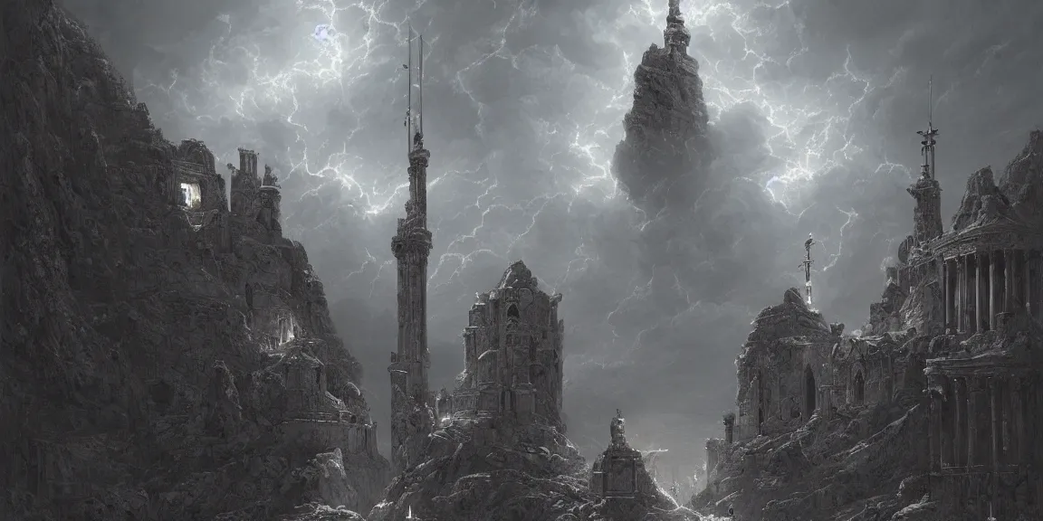 Image similar to the holy castle of Zeus, electrified, lightning-based, with statues, hyperdetailed, artstation, cgsociety, by greg rutkowski, by Gustave Dore, Deviantart