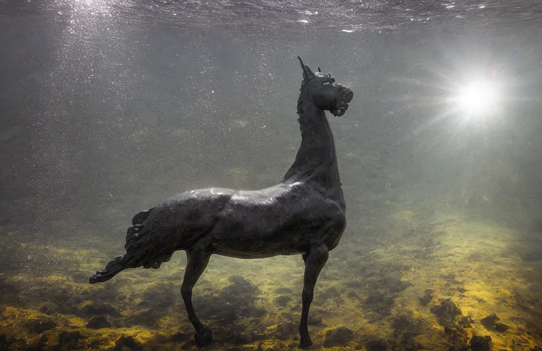 Image similar to duke of wellington statue in glasgow city, underwater, realistic, high detail, backlit, wide angle shot, turbid water, fish shoal