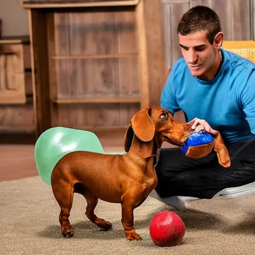 Prompt: award winning photograph, an argentinian playing fortnite with a dachshund, fruit around him, indoor, fun, friendly