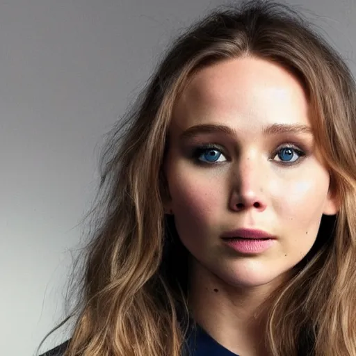 Image similar to a woman who is a genetic combination of jennifer lawrence and elizabeth olsen face and upper - body focus