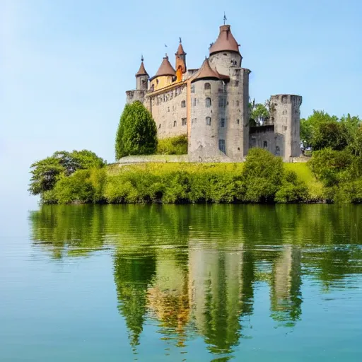 Image similar to a large lake with a medieval castle on a floating island