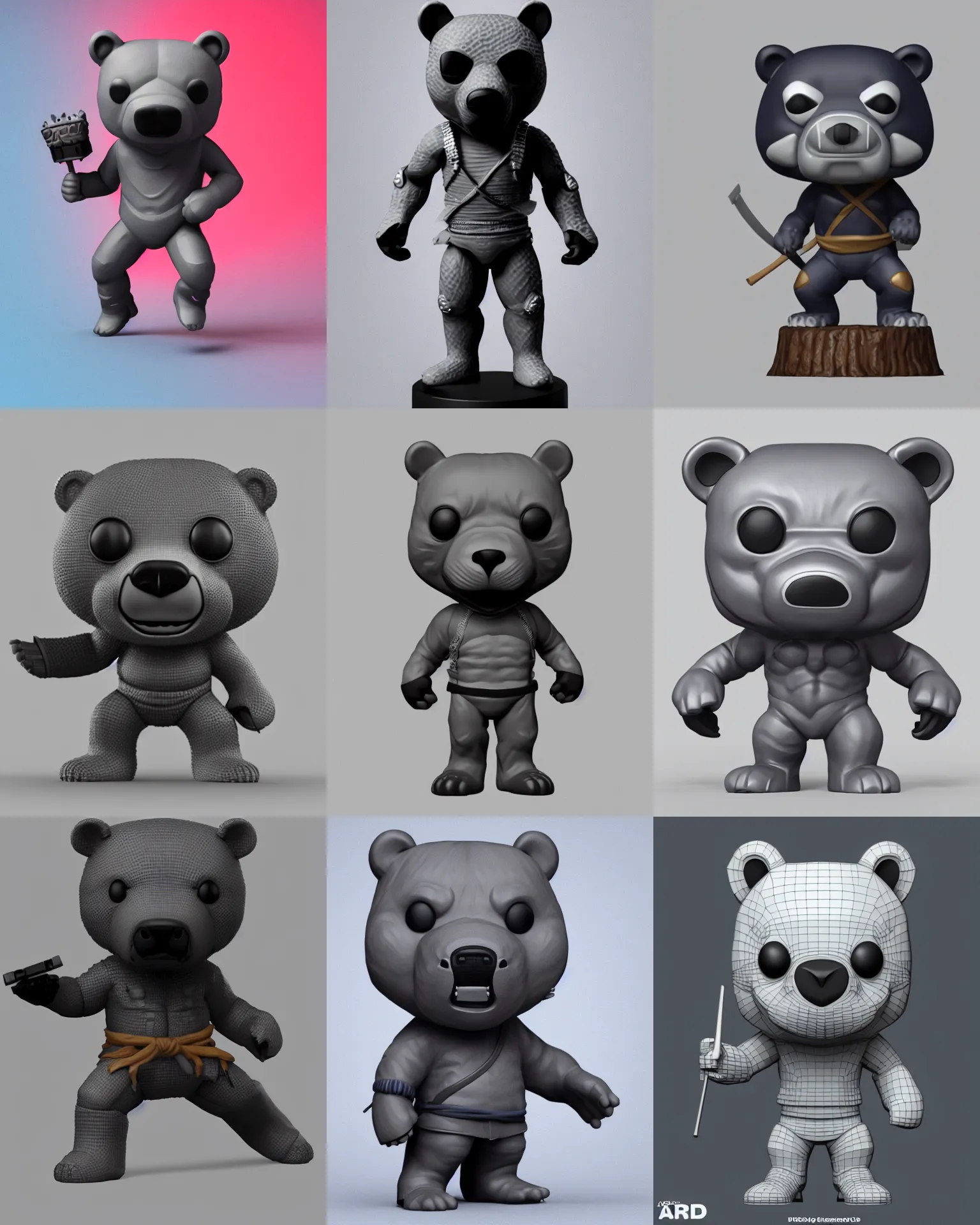 Prompt: full body 3 d render of ninja bear as a funko pop!, studio lighting, grey background, single body, no shadow, blender, trending on artstation, 8 k, highly detailed