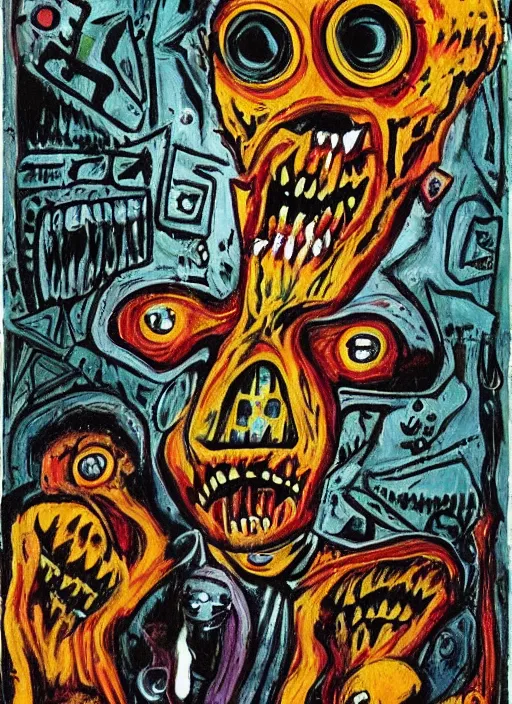 Image similar to a horror mad portrait of extraterrestrial art brut by a psycho man, full color outsider crazy marginal art