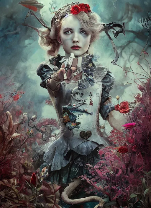 Image similar to Alice in Wonderland,guns,highly detailed,cinematic,8k,by Stanley Artgermm,Tom Bagshaw,Greg Rutkowski,Carne Griffiths, Ayami Kojima, Beksinski, Giger,trending on DeviantArt,hyper detailed,horror, full of colour