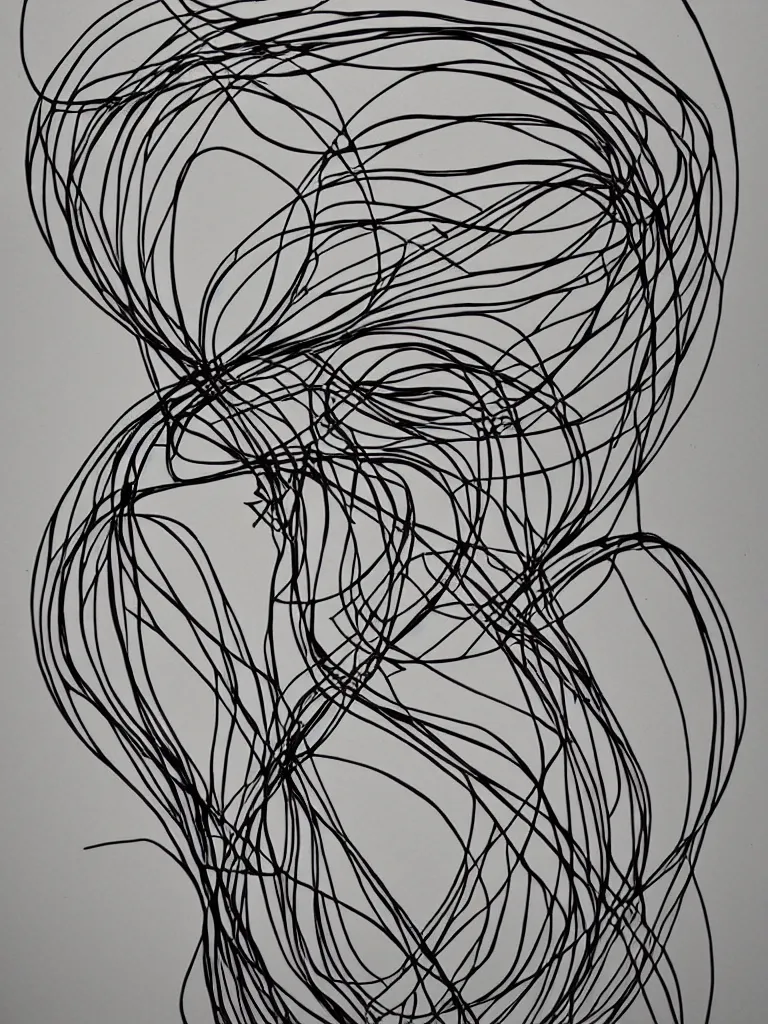 Image similar to elegant minimalist metal wire art of symmetrical and emotional dramatic female facial features and silhouette, influenced by one line drawings, curves, twirls and spirals