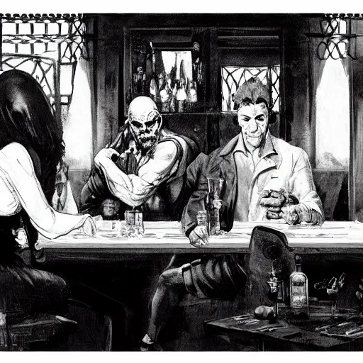 Image similar to black and white blotchy illustration of dark figures plotting a heist in a roman cafe, by brom, frazetta, zabrocki, ultra wide angle, trending on artstation, rule of thirds w 1 0 2 4