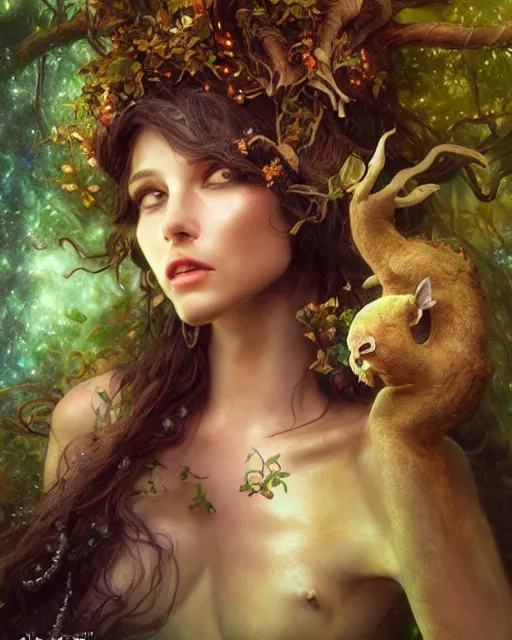 Image similar to dryad, stern like athena, a singer, portrait, swooning with forest creatures, studio lighting by jessica rossier and brian froud and gaston bussiere