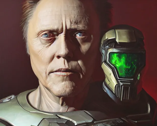 Prompt: oil painting of christopher walken as doomguy, elegant, detailed, fantasy, hd shot, digital portrait, beautiful, artstation, comic style, unreal engine, by artgerm, guy denning, jakub rozalski, magali villeneuve and charlie bowater