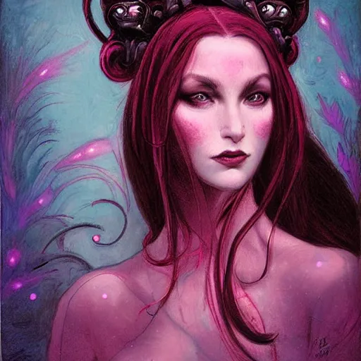 Image similar to portrait of princess of the dreamlands and moon beast, beautiful! coherent! by brom, deep colors, red maroon purple pink black, strong lines, rule of thirds, head centered