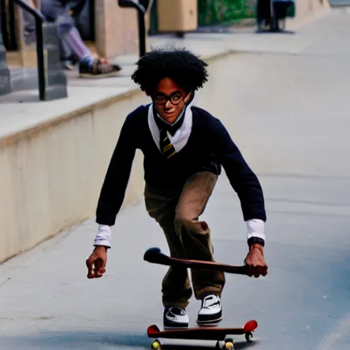 Image similar to high quality photo of a black harry potter on a skateboard in new york city