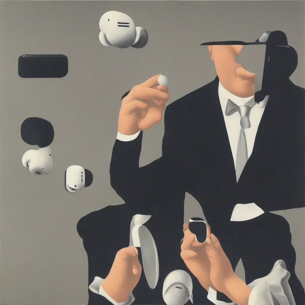 Image similar to i, a man wearing airpods pro and playing his iphone, by rene magritte