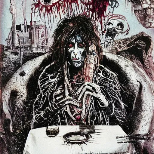 Image similar to graphic illustration, creative design, alice cooper, biopunk, by ralph steadman, francis bacon, highly detailed, concept art, hunter s thompson