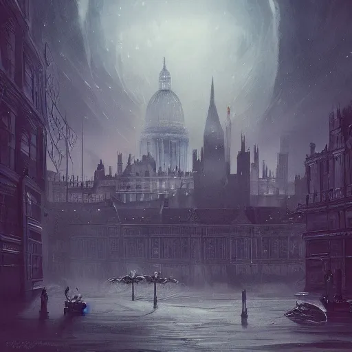 Image similar to 1850's London, dreamscape, dramatic lighting, fantasy art illustration, trending on artstation, Aetherpunk