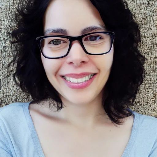 Prompt: a portrait of my wife who has black hair, and wears glasses