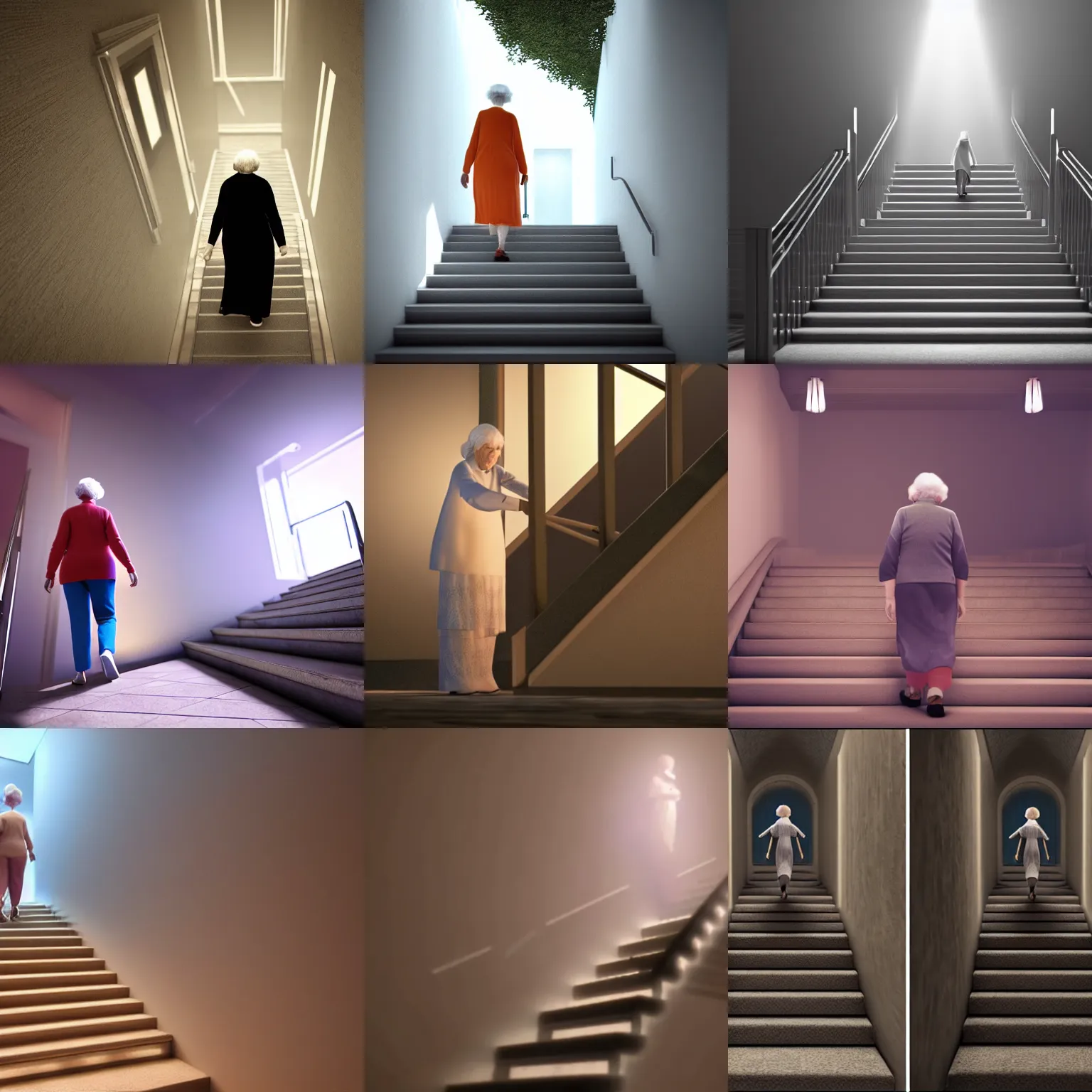 Prompt: elderly woman walking up the stairs to heaven, ethereal, very realistic, pixar and disney animation, sharp, rendered in unreal engine 5, dramatic lighting