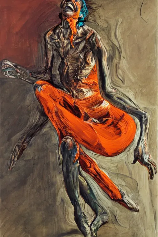 Image similar to high quality high detail painting of a ballerina in agony by lucian freud and jenny saville and francis bacon, hd, dark demonic dancer, turquoise and orange