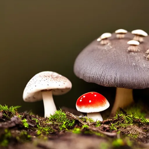 Prompt: macro photo with a mushroom character with cute eyes and mycelium, very close to real nature, natural colors and natural surroundings, painted patterns and coloring on mushrooms, 8K, highly detailed