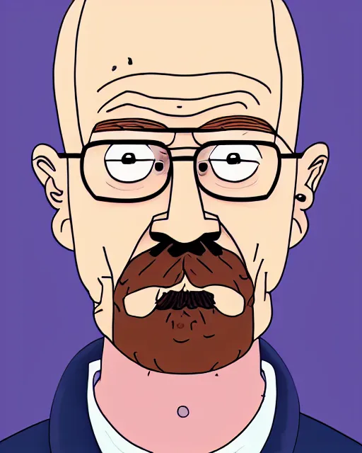 Image similar to portrait of walter white in the style of justin roiland. heisenberg from breaking bad. cinematic lighting. style of rick & morty. photographic, photography. by justin roiland